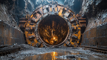 A massive tunnel boring machine sits inside a freshly excavated tunnel, creating a passageway underground. Industrial and construction concept.の素材