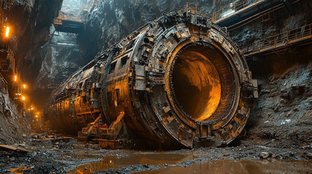 A massive tunnel boring machine sits inside a tunnel, illuminated by warm lights, highlighting the complex mechanics of construction.の素材