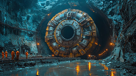 A massive tunnel-boring machine is seen inside a subterranean tunnel, with workers nearby. The setting has dramatic lighting and the dark environment.の素材