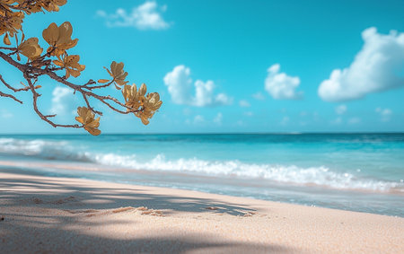 A serene beach scene with golden foliage, clear blue sky, and gentle waves creating a peaceful coastal setting for relaxation.の素材