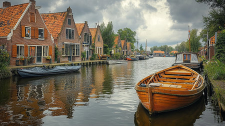 A picturesque canal in a charming Dutch village, with boats docked and historic buildings lining the water's edge.の素材