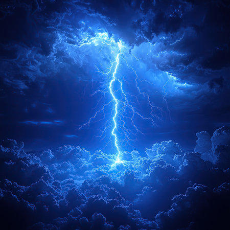 A powerful display of nature unfolds, showcasing a vivid lightning strike illuminating the dark, stormy sky.の素材