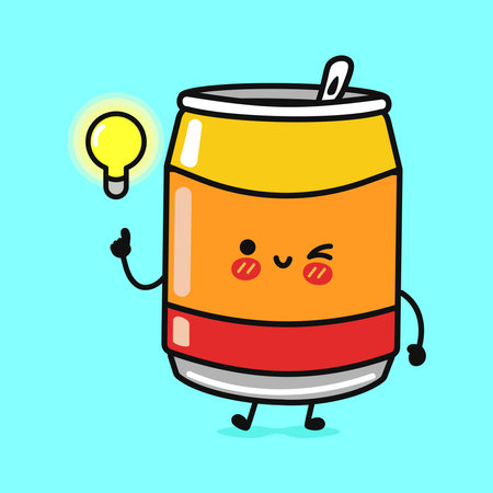 A cute cartoon soda can with a lightbulb, pointing up to express the idea. The can has a happy expression on its face.のイラスト素材