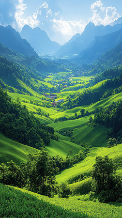 A vibrant valley scene unfolds, with rolling green hills leading to a quaint village nestled between towering mountains. The sun shines.の素材