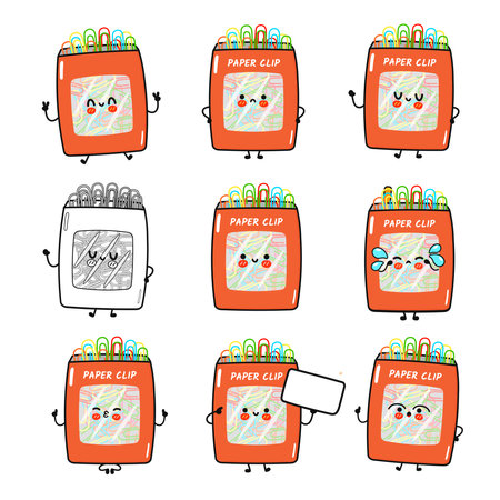Set of colorful paper clip boxes with kawaii faces showing different emotions, from happiness to sadness, perfect for stationery and office supply projectsのイラスト素材
