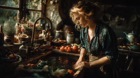 A woman washes vegetables in a rustic kitchen, bathed in sunlight filtering through the window, preparing a meal.の素材