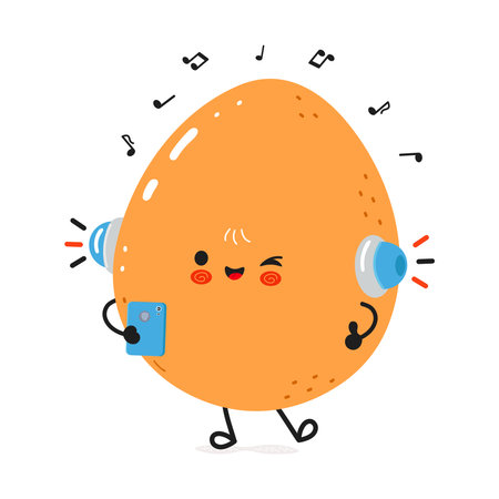 Smiling egg character listening to music, gripping smartphone, winking playfullyのイラスト素材