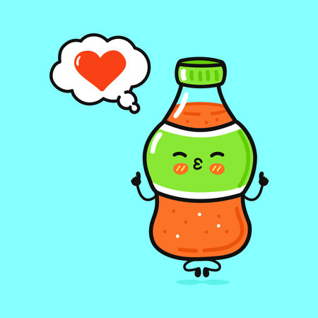 A cute cartoon soda bottle expressing its love with a heart thought bubble.のイラスト素材