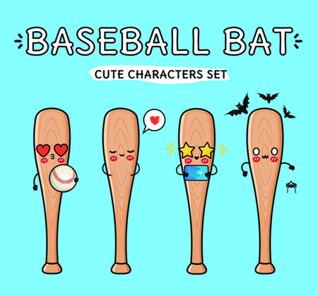 Wooden Baseball bats featuring playful kawaii expressions, conveying varied moods for sports-themed graphic design and creative projectsのイラスト素材