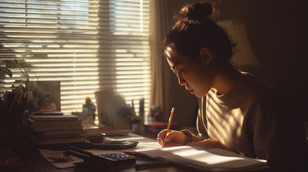 A young woman is writing in a notebook at a desk illuminated by the sun streaming through a window, a moment of focus and contemplation.の素材