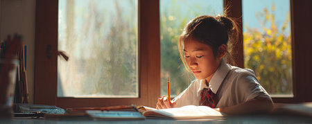 A young Asian schoolgirl focused on her schoolwork at a desk near a window with natural sunlight.の素材