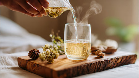 A hand pouring herbal tea into a glass cup, with steam rising. A wooden tray holds nuts, a pine cone, and flowers.の素材