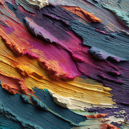 Close-up of vibrant, textured paint strokes in shades of orange, pink, purple, yellow, and blue, creating a dynamic abstract artwork.の素材