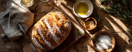 Delicious artisan bread with rosemary, olive oil, and salt on a rustic wooden table, perfect for a cozy and inviting atmosphere.の素材