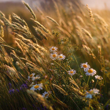 Golden hour illuminates a serene meadow filled with wildflowers and tall grasses, creating a warm, natural scene.の素材