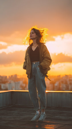 A young woman stands on a rooftop at sunset, bathed in warm light with her hair blowing in the wind. The cityscape silhouettes in the distance.の素材