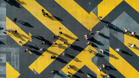 An aerial view captures pedestrians walking on a road marked with bold yellow and gray geometric patterns.の素材