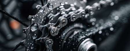 Close-up shot of a wet bicycle chain and gears, captured with a shallow depth of field, emphasizing the details of the metal components.の素材