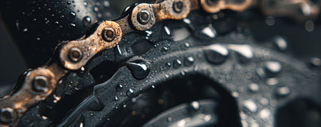 Close-up shot of a bicycle chain covered in water droplets, showcasing detail, texture, and metallic elements in the rain.の素材