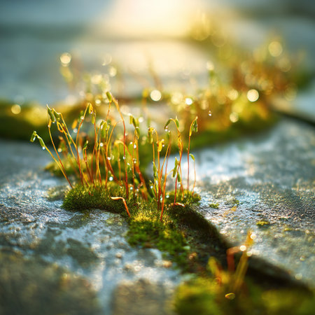 Close-up view of vibrant green moss growing on a textured stone surface, showcasing details and textures.の素材