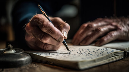 Close-up of elderly hands writing with a fountain pen in a notebook, capturing the essence of contemplation and documentation.の素材