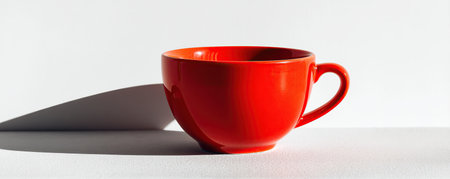 A vibrant red coffee cup casts a shadow, set against a clean white backdrop. Simple and minimalist.の素材