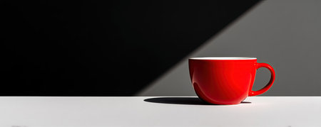 A vibrant red coffee mug sits in striking contrast against a monochromatic background. The play of light and shadow enhances the minimalist aesthetic.の素材