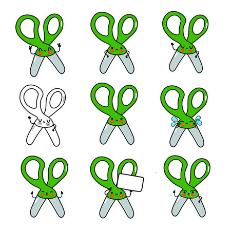 A cute illustration showcasing various emotions of anthropomorphic green scissors on a white background.のイラスト素材