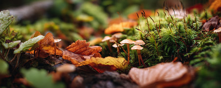Autumnal scene featuring colorful fallen leaves, mushrooms, and lush green moss in a forest setting.の素材