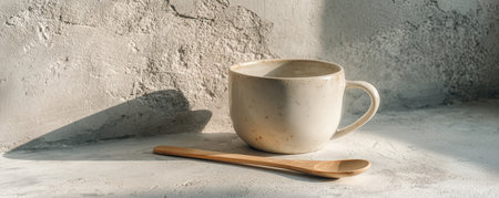 A minimalist composition features a beige ceramic mug with a wooden spoon resting on a textured surface bathed in natural light.の素材