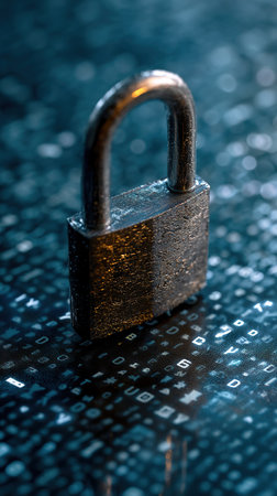 A padlock sits atop a surface of binary code, symbolizing digital security and data protection.の素材