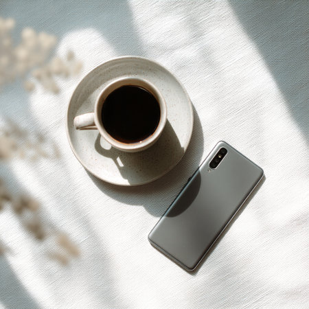 A smartphone rests on a white fabric next to a saucer, with shadows cast across the scene.の素材