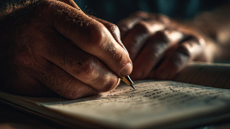 Close-up shot of a hand writing with a pen on a notebook, with a soft focus and warm lighting.の素材