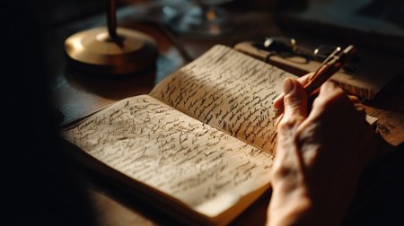A person's hand writing in an old journal with a pen under warm light, capturing a moment of contemplation.の素材