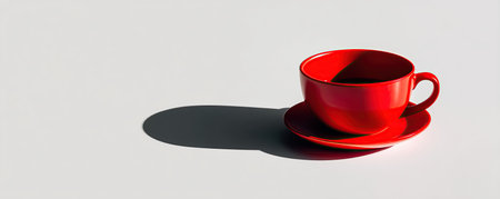 A vibrant red coffee cup and saucer cast a long shadow on a clean, white surface, creating a modern, minimalist aesthetic.の素材