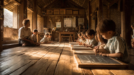 A traditional classroom scene with a teacher and children writing on slate boards, bathed in warm sunlight.の素材