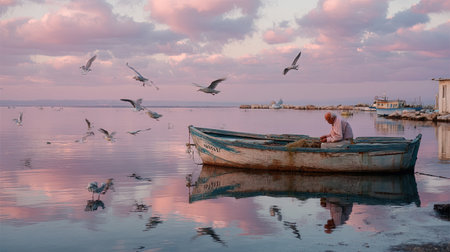 A serene scene captures an elderly man in a boat, surrounded by seagulls at sunset, reflected on the water's surface.の素材