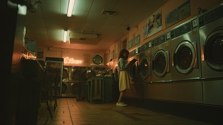 A young woman reads a book in a retro laundromat, illuminated by warm neon light.の素材