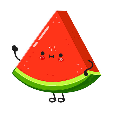 A cheerful cartoon watermelon slice with a smiling face, waving its arm in a welcoming gesture.のイラスト素材