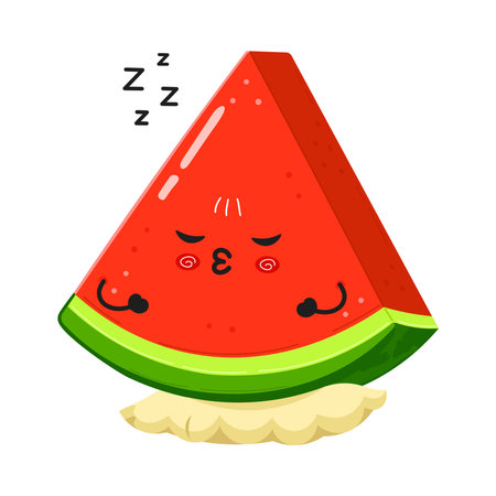An adorable cartoon watermelon slice sleeping soundly on a pillow, perfect for conveying relaxation and summer vibes.のイラスト素材