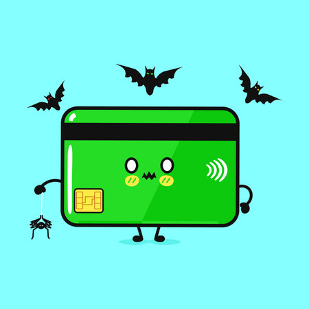 A cute credit card character surrounded by bats and holding a spider on a string, all set against a turquoise backdrop.のイラスト素材