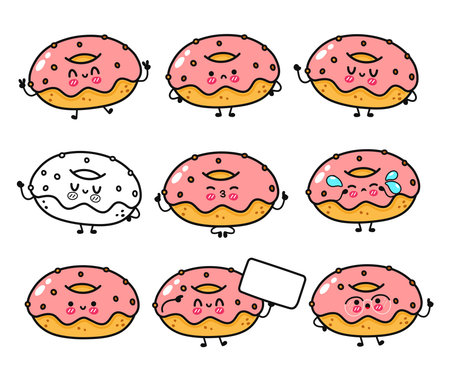 A collection of cute cartoon donuts with different expressions, perfect for playful designs or illustrations.のイラスト素材