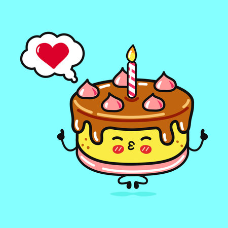 A cute cartoon birthday cake with a candle, smiling and showing affection with a heart thought bubble on a blue background.のイラスト素材