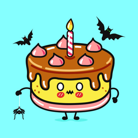 A cute, cartoon cake with a candle, surrounded by bats and a spider, all set against a vibrant blue backdrop.のイラスト素材
