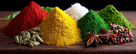 A vibrant assortment of Indian spices, reflecting the colors of the Indian flag, perfect for culinary or cultural themes.の素材