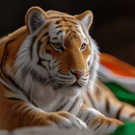 A majestic tiger rests, with the colors of the Indian flag subtly present, perfect for celebrating Indian Independence Day.の素材