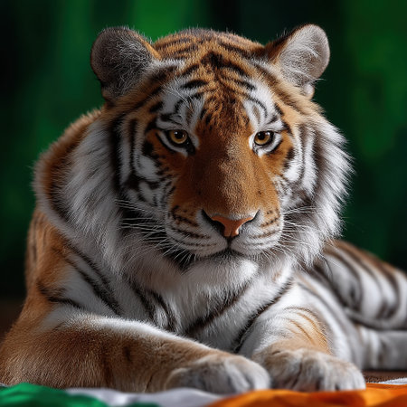 A majestic tiger rests against the Indian flag, symbolizing the spirit of Independence Day.の素材