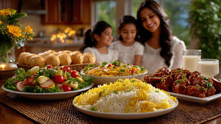 A family enjoys a delicious Indian Independence Day meal together at home with various dishes.の素材
