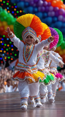 Children in colorful traditional attire celebrate Indian Independence Day with a spirited dance performance.の素材