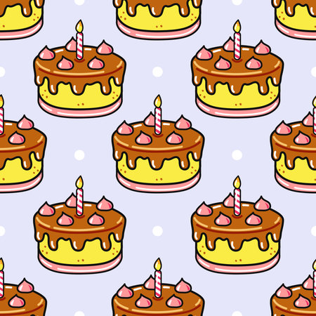 A festive pattern featuring adorable cartoon cakes, each adorned with a lit candle and sweet pink frosting, on a light purple background with white polka dots.のイラスト素材
